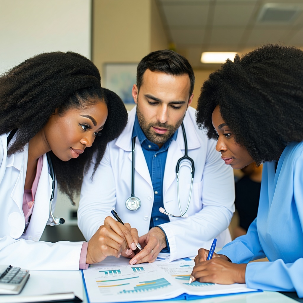 group Professionals of mixed races reviewing budget in healthcare setting
